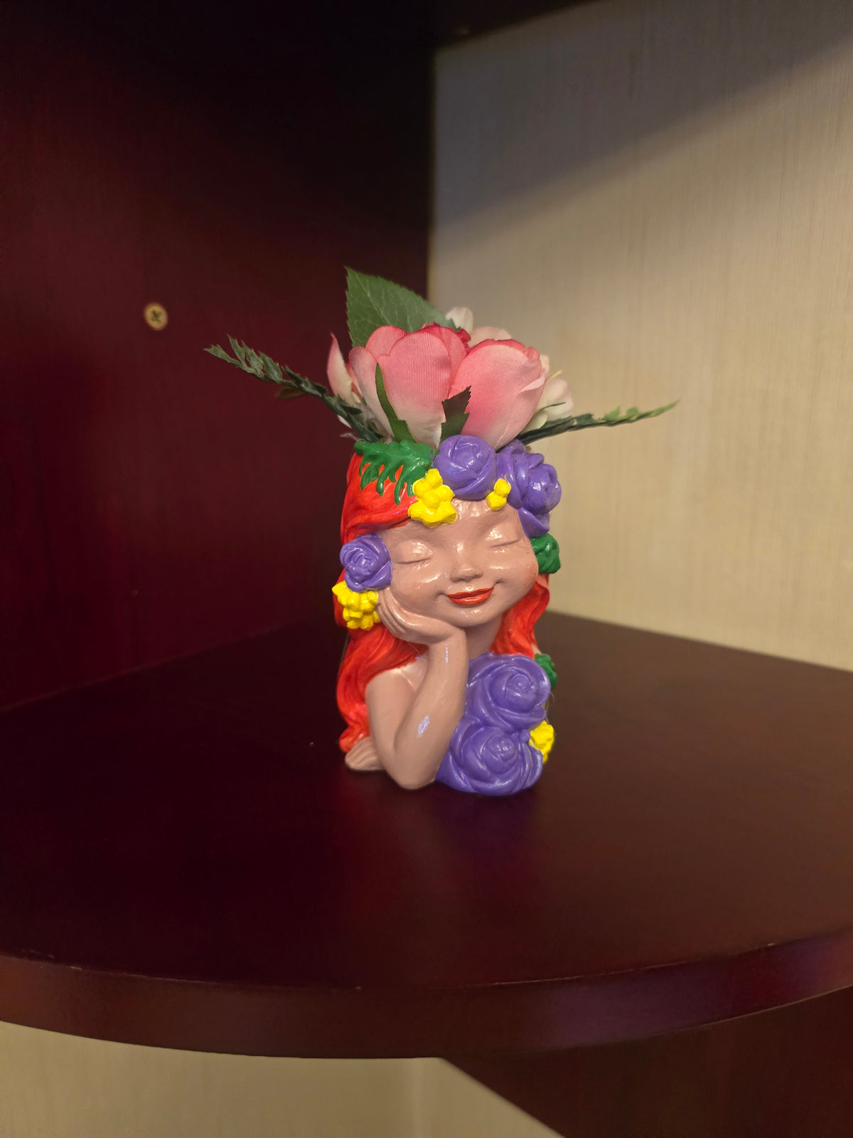 Plaster, Girl Head Figurine, Glossy Floral Pattern, Multicolor, Small 3D