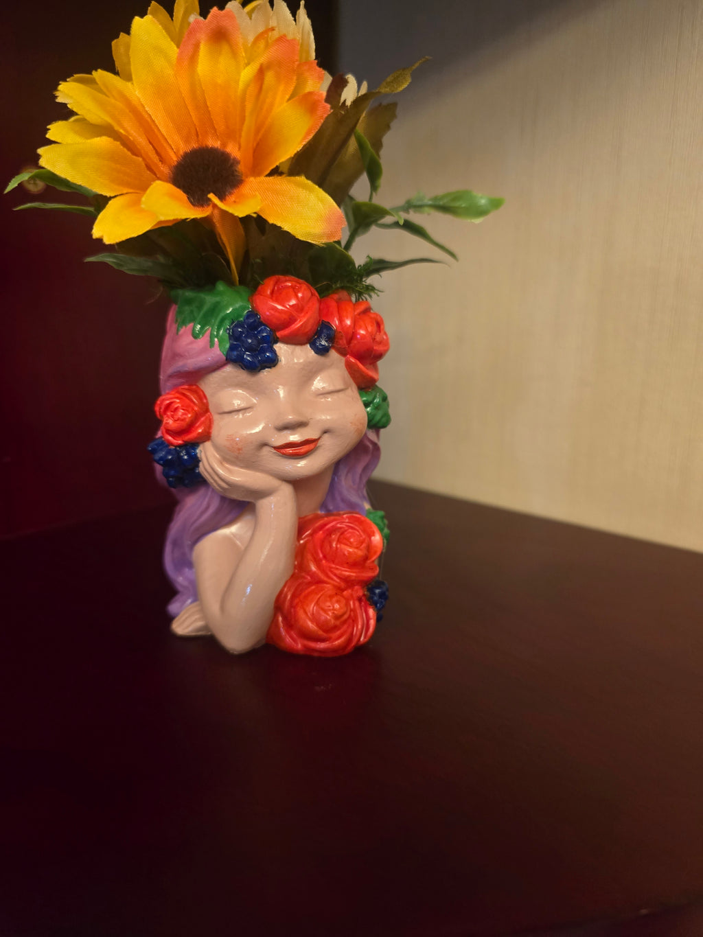 Plaster, Woman Head Vase Floral Hand Painted Glossy Purple Pink Decorative