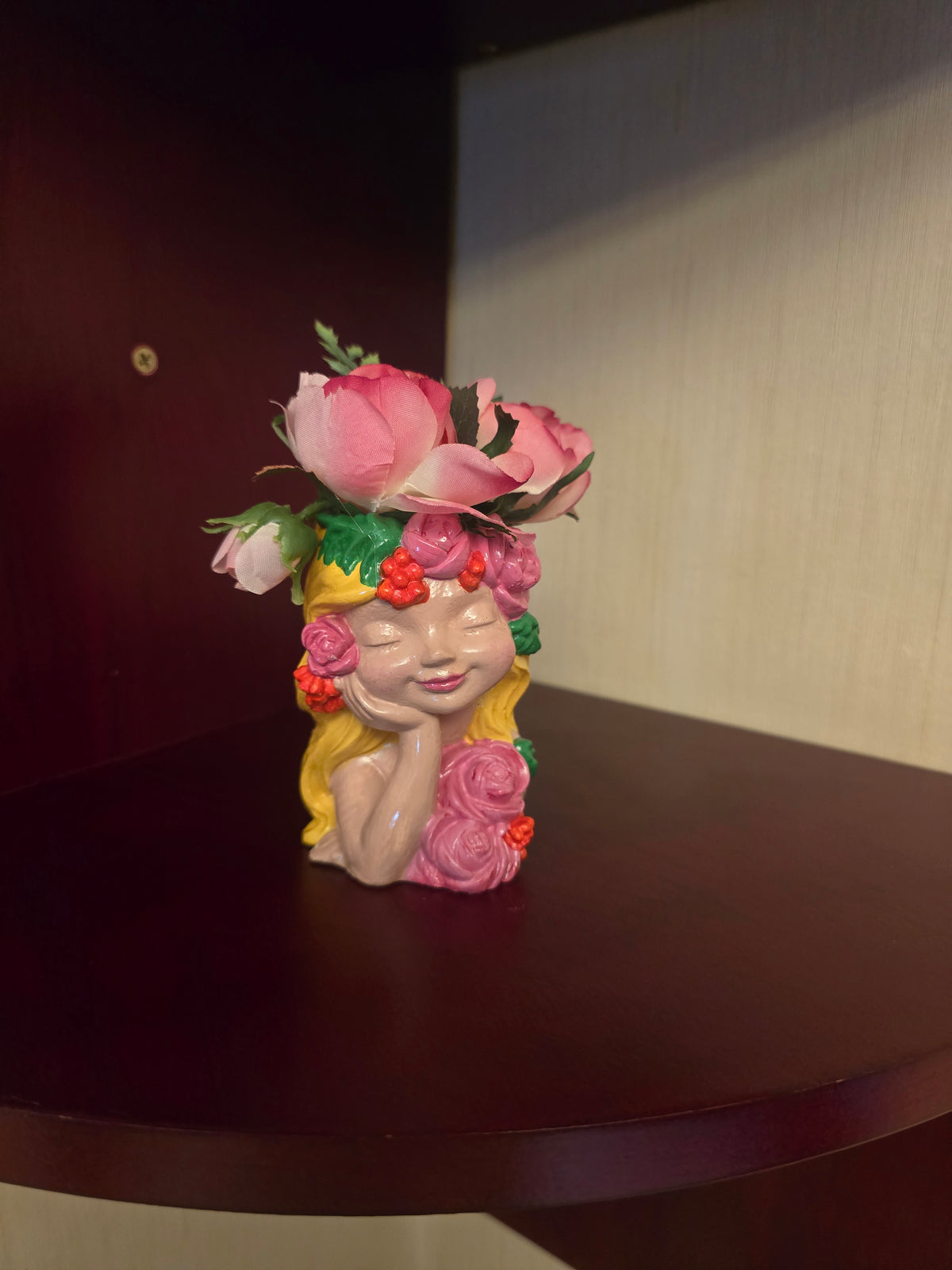 Plaster, Girl Head Figurine, Glossy Floral Pattern, Multicolor, Small 3D