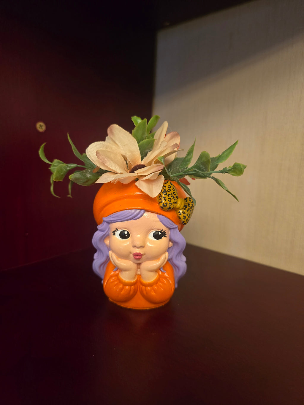 Plaster, Girl Figurine, Floral Hat, Orange Purple Pink Green, Small 3D Effect