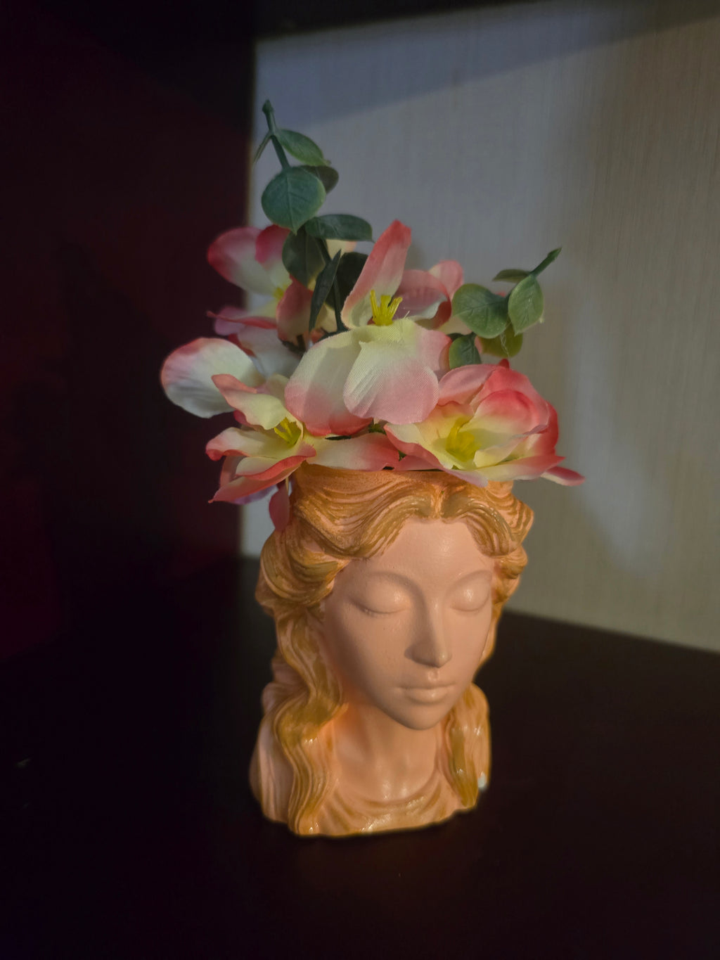Artificial Flower Arrangement & Centerpiece, Pink White, Ceramic Lady Head Vase
