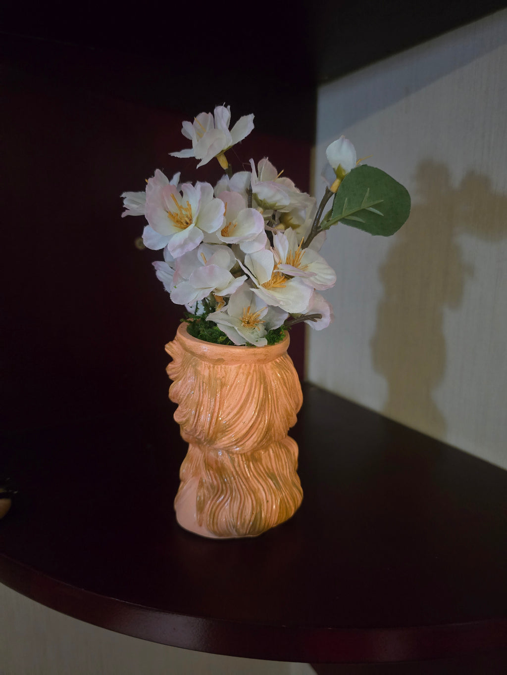 Artificial Flower Arrangement, White Green, Ceramic Peach Face Vase