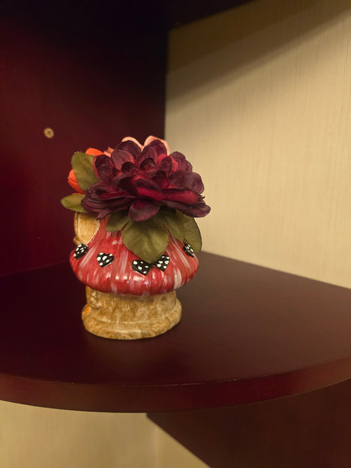 Artificial Rose Arrangement & Centerpiece, plaster Mushroom Planter, 3 in