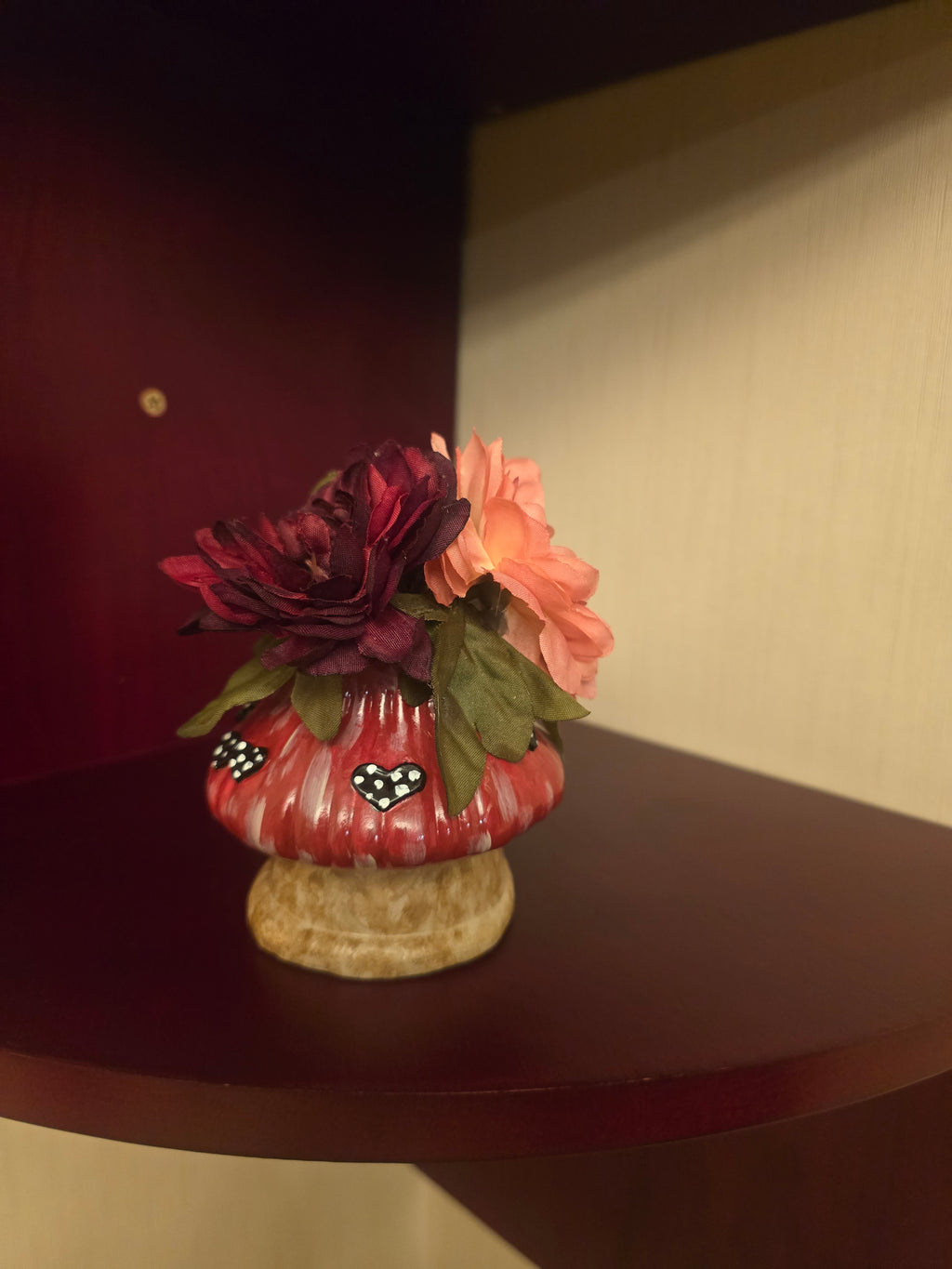 Artificial Rose Arrangement & Centerpiece, plaster Mushroom Planter, 3 in
