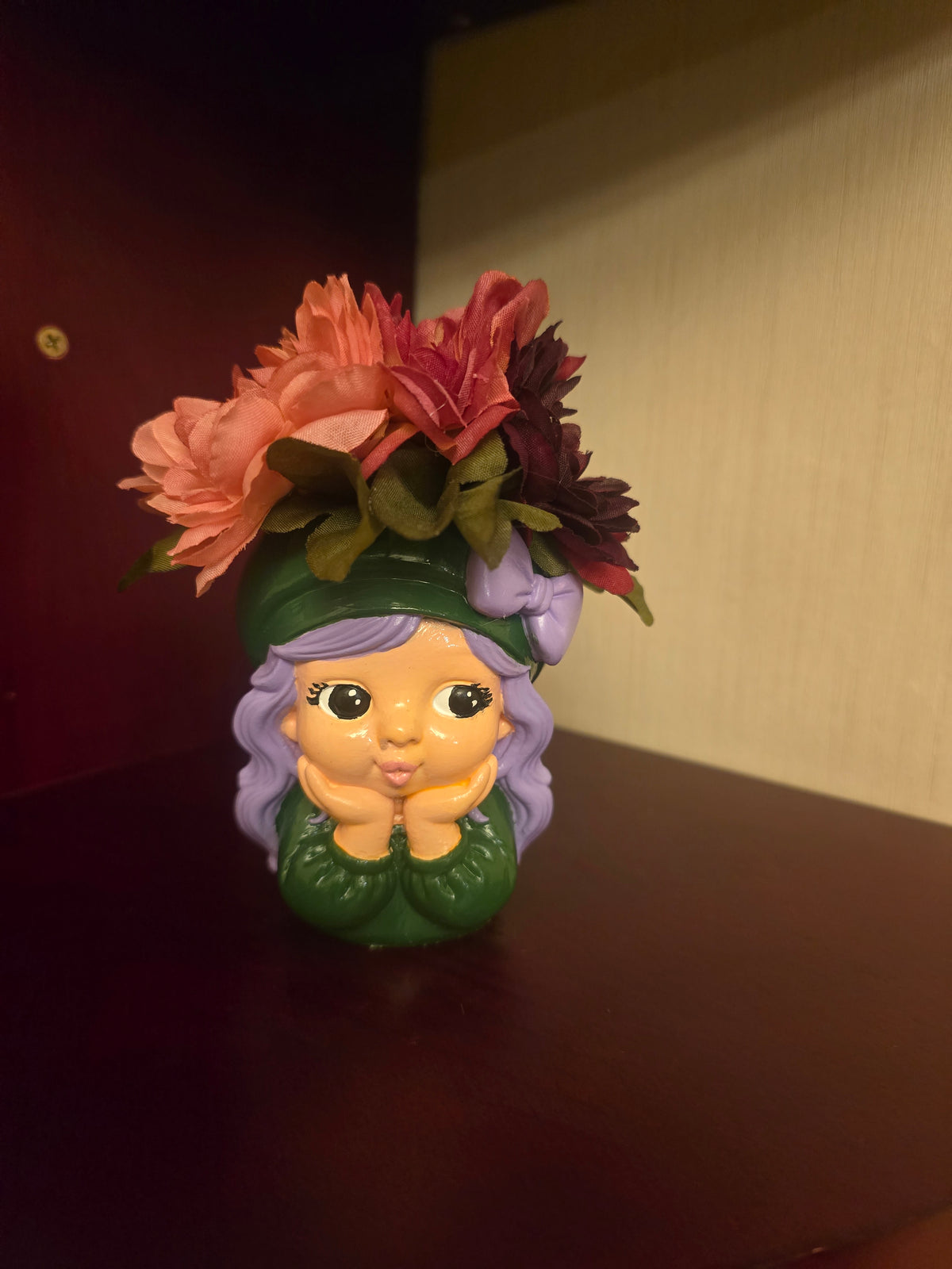 Plaster Girl Figurine, Painted Floral Hat, Green Purple Pink.