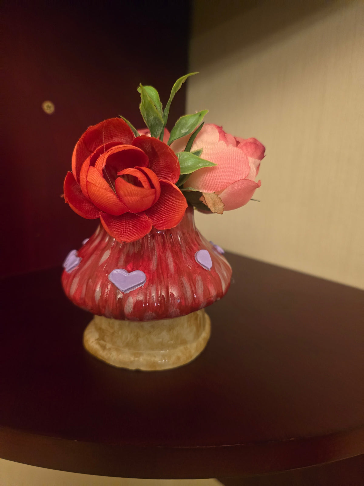 Artificial Rose Flower Arrangement & Centerpiece, Pink Red Green, Mushroom Pot