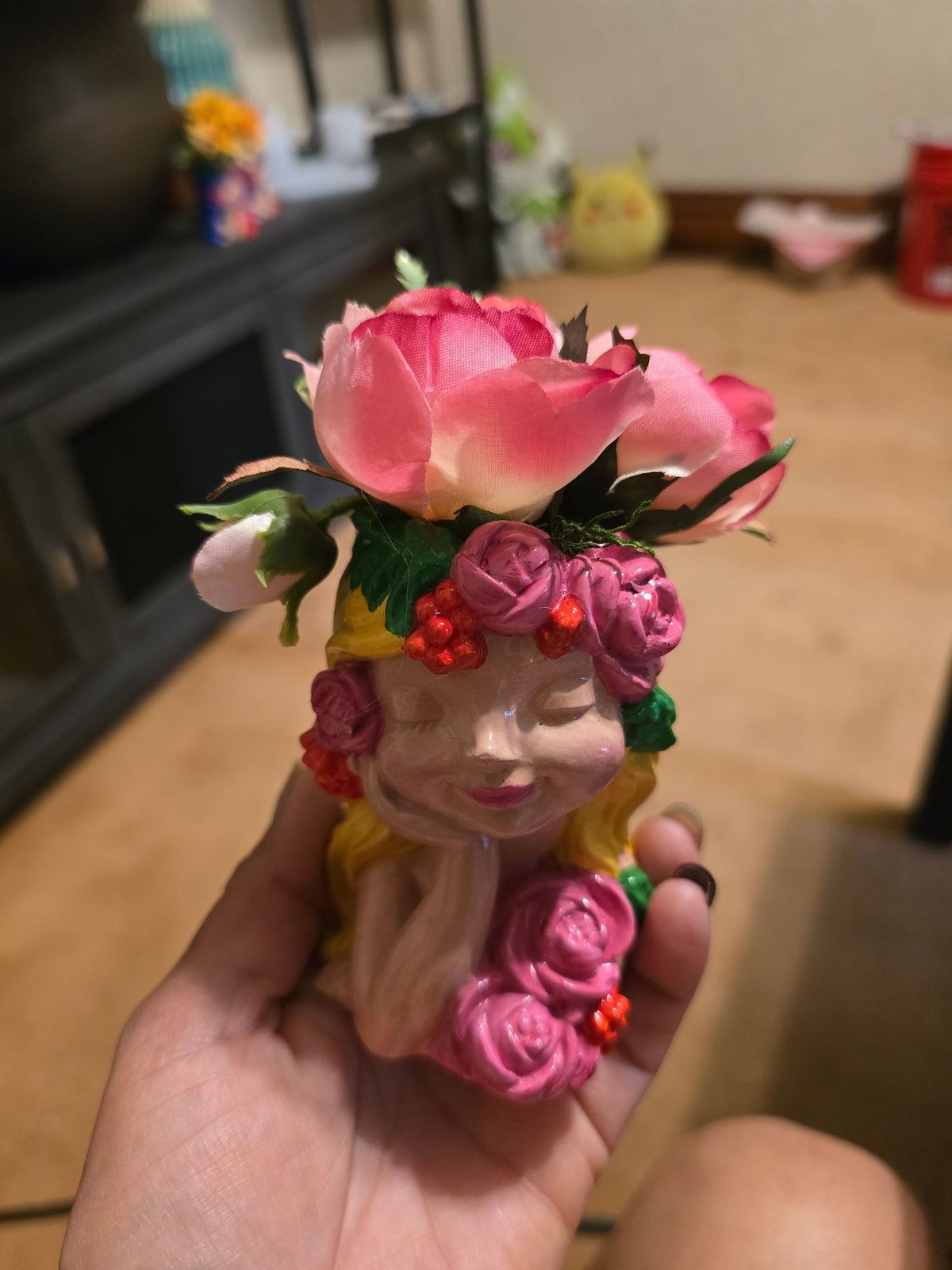 Plaster, Girl Head Figurine, Glossy Floral Pattern, Multicolor, Small 3D