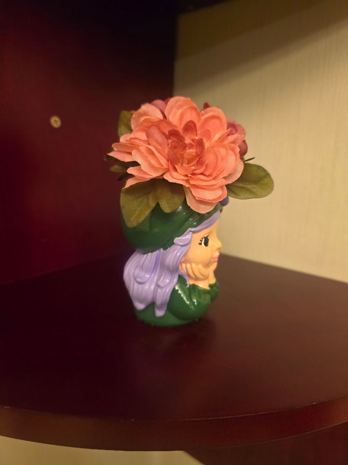 Plaster Girl Figurine, Painted Floral Hat, Green Purple Pink.