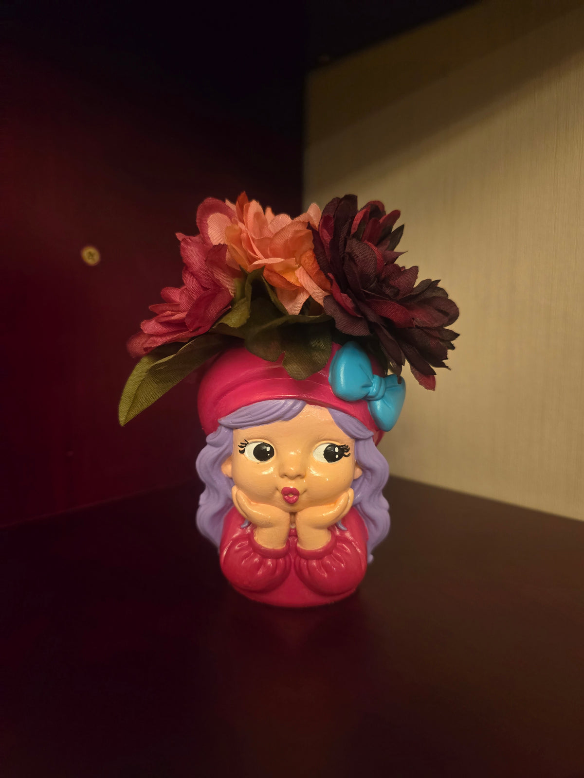Artificial Flower Arrangement & Centerpiece, Pink Purple, Girl Head Face Pot