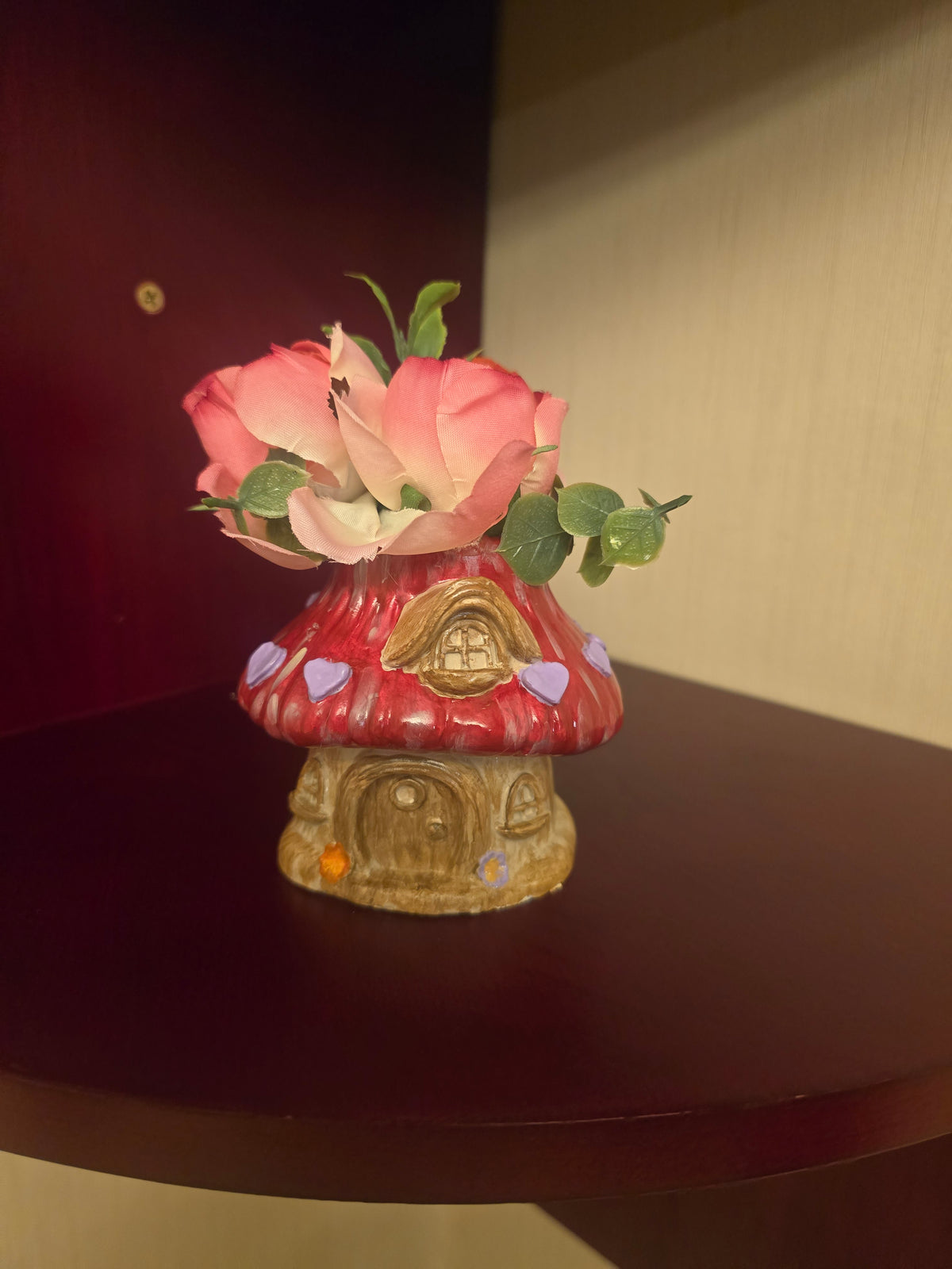 Artificial Rose Flower Arrangement & Centerpiece, Pink Red Green, Mushroom Pot