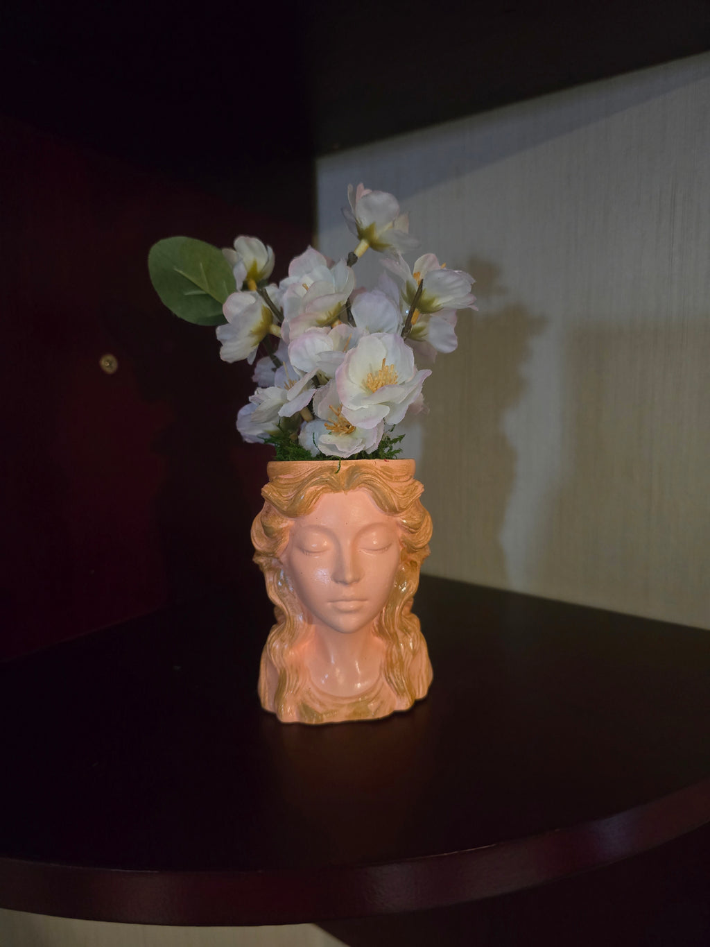 Artificial Flower Arrangement, White Green, Ceramic Peach Face Vase