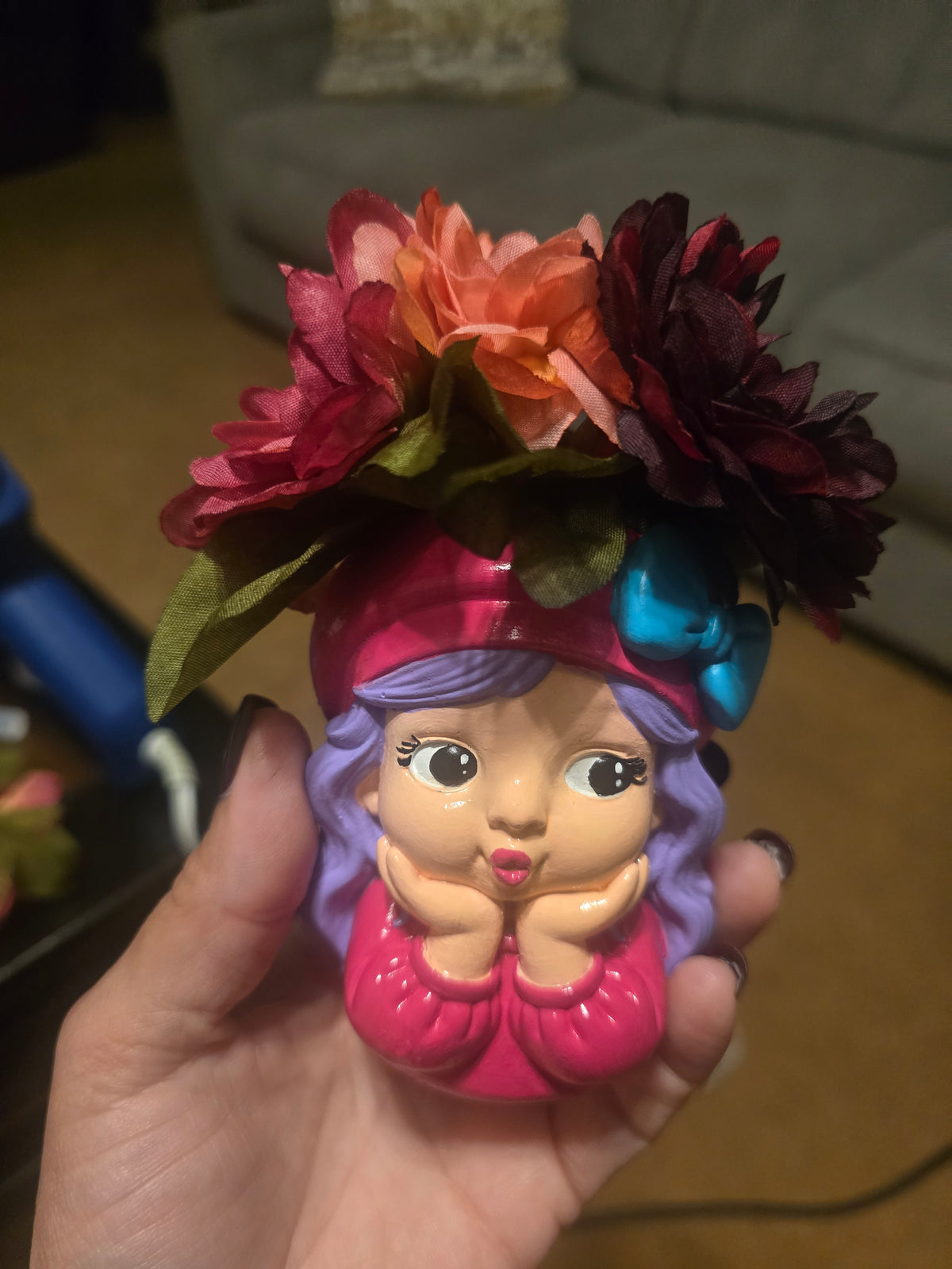 Artificial Flower Arrangement & Centerpiece, Pink Purple, Girl Head Face Pot
