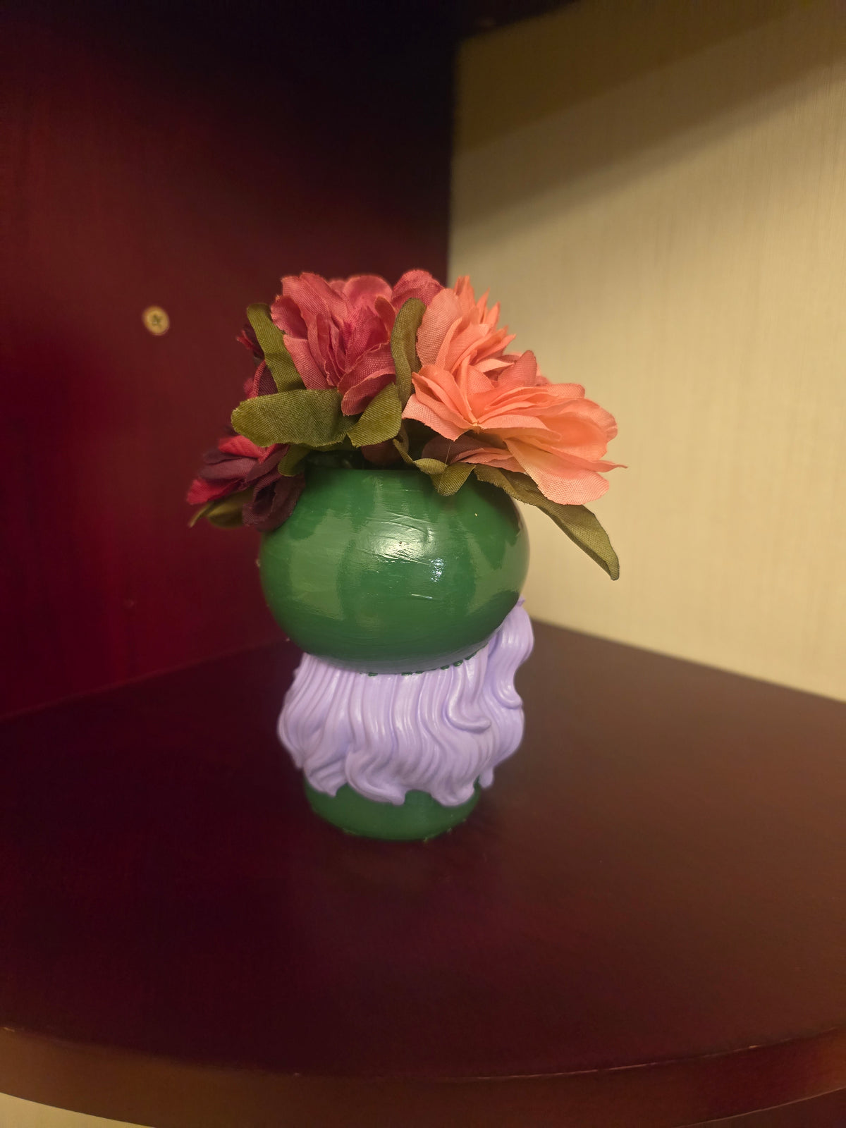 Plaster Girl Figurine, Painted Floral Hat, Green Purple Pink.