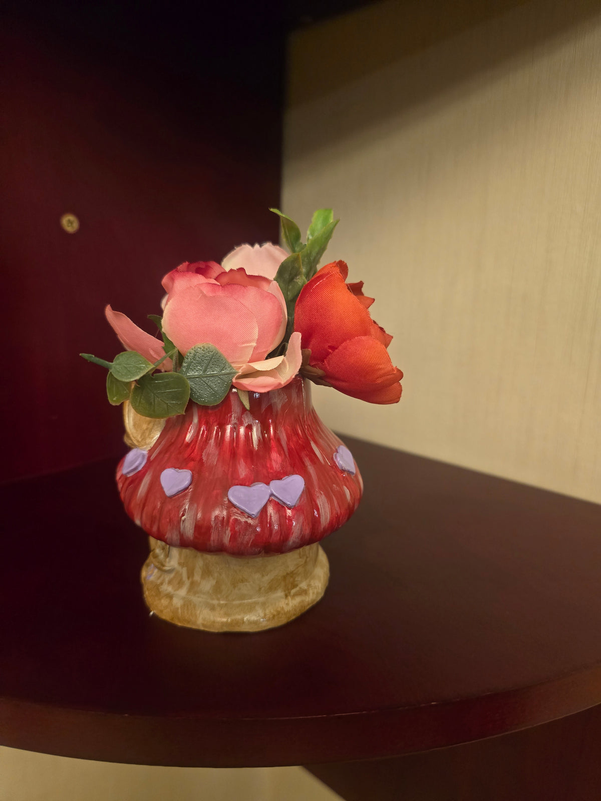 Artificial Rose Flower Arrangement & Centerpiece, Pink Red Green, Mushroom Pot