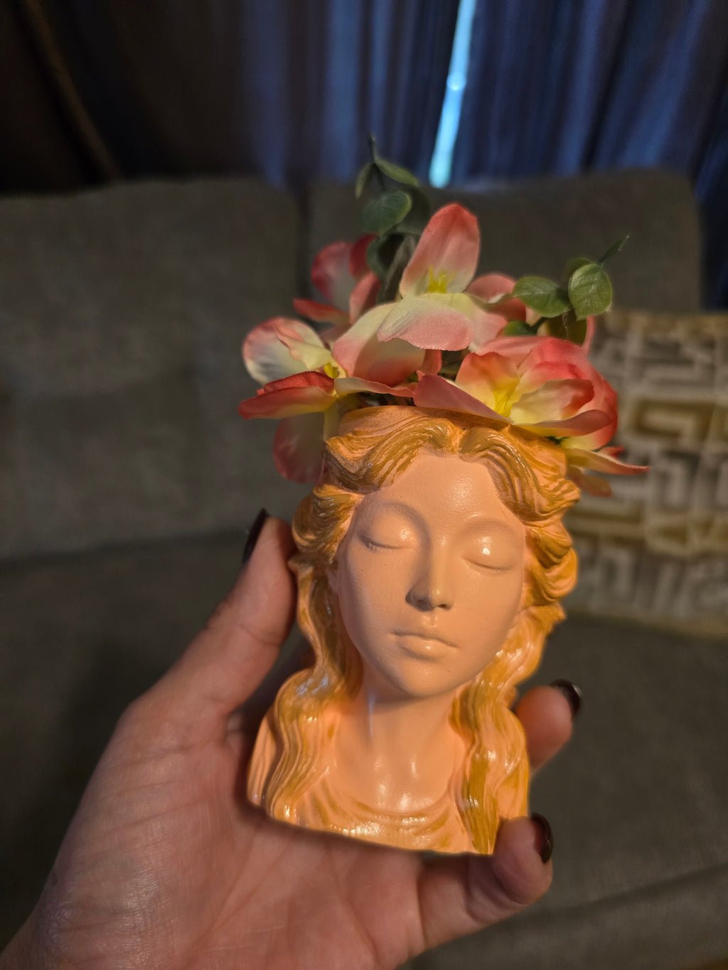 Artificial Flower Arrangement & Centerpiece, Pink White, Ceramic Lady Head Vase