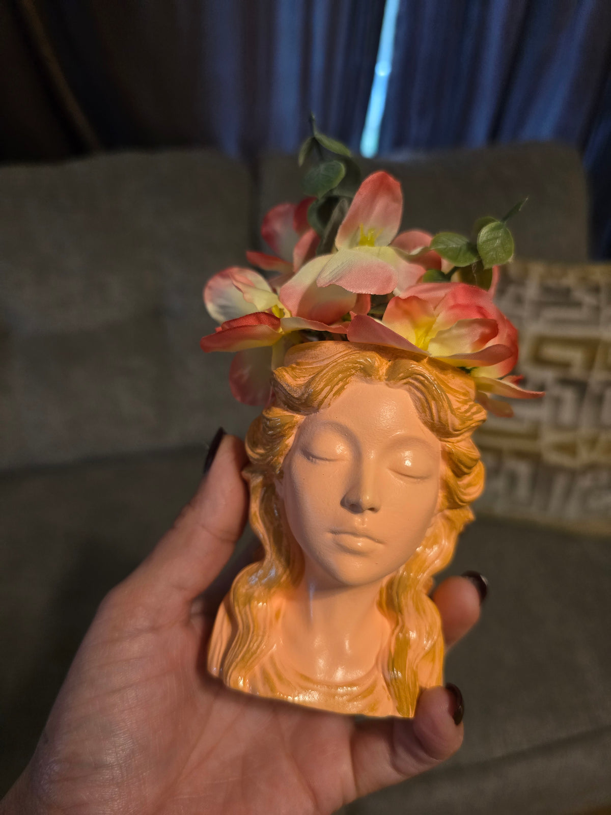 Artificial Flower Arrangement & Centerpiece, Pink White, Ceramic Lady Head Vase