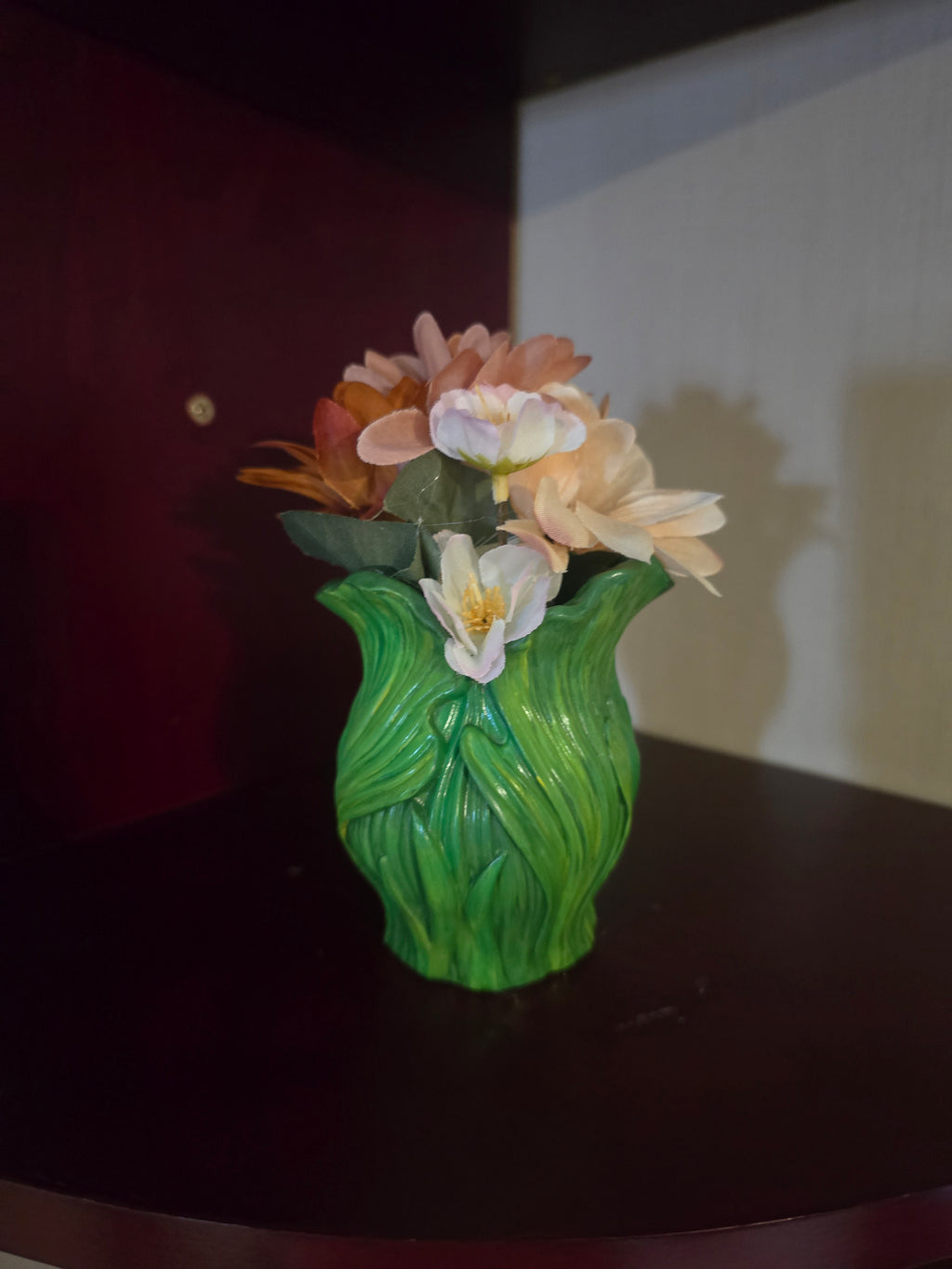 Small Green Ceramic Vase, Floral Flower Pattern, Indoor Decorative Accent