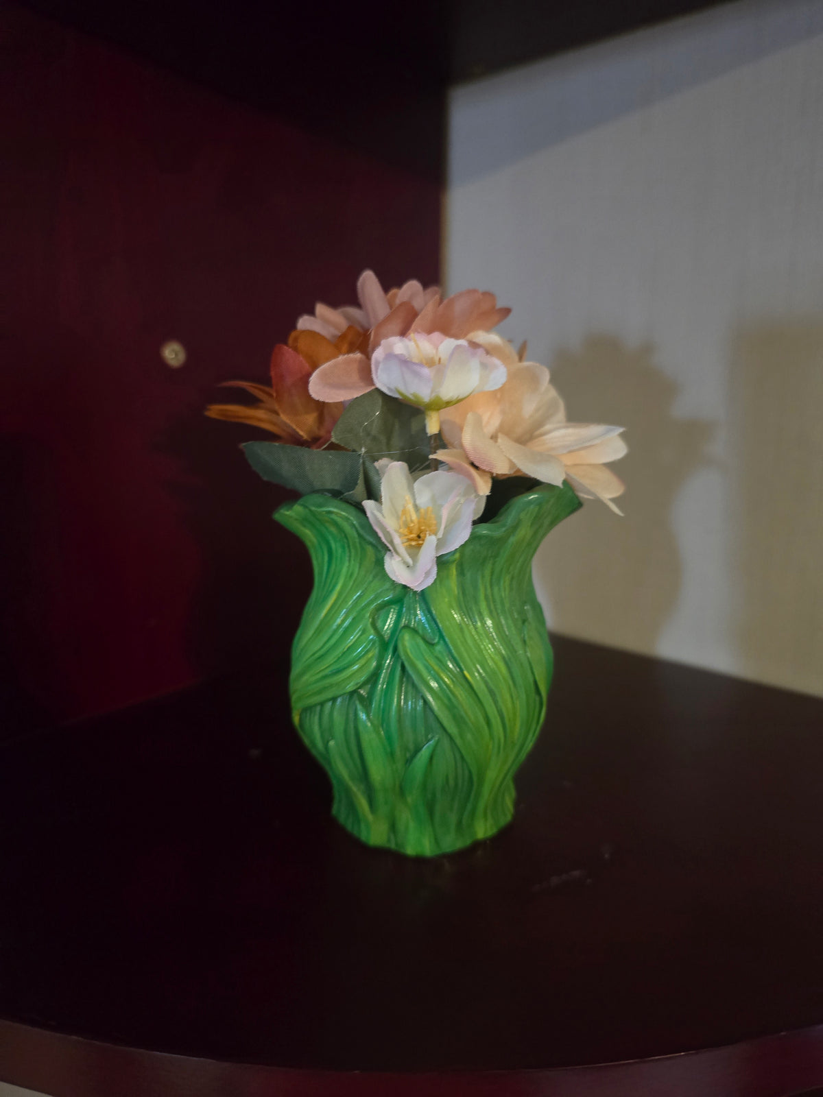 Small Green Ceramic Vase, Floral Flower Pattern, Indoor Decorative Accent
