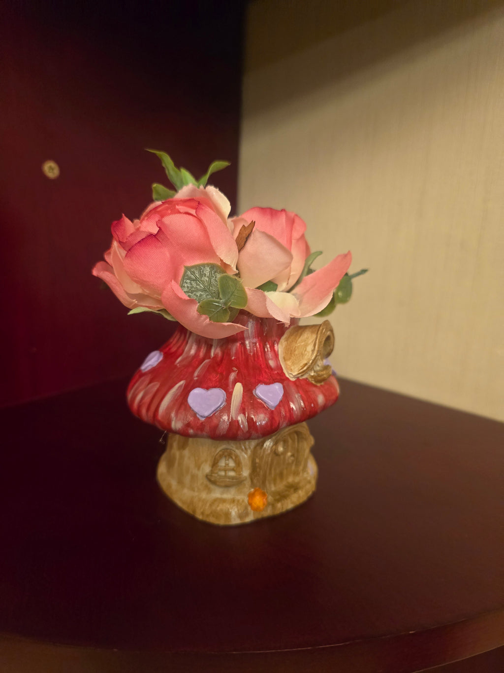 Artificial Rose Flower Arrangement & Centerpiece, Pink Red Green, Mushroom Pot