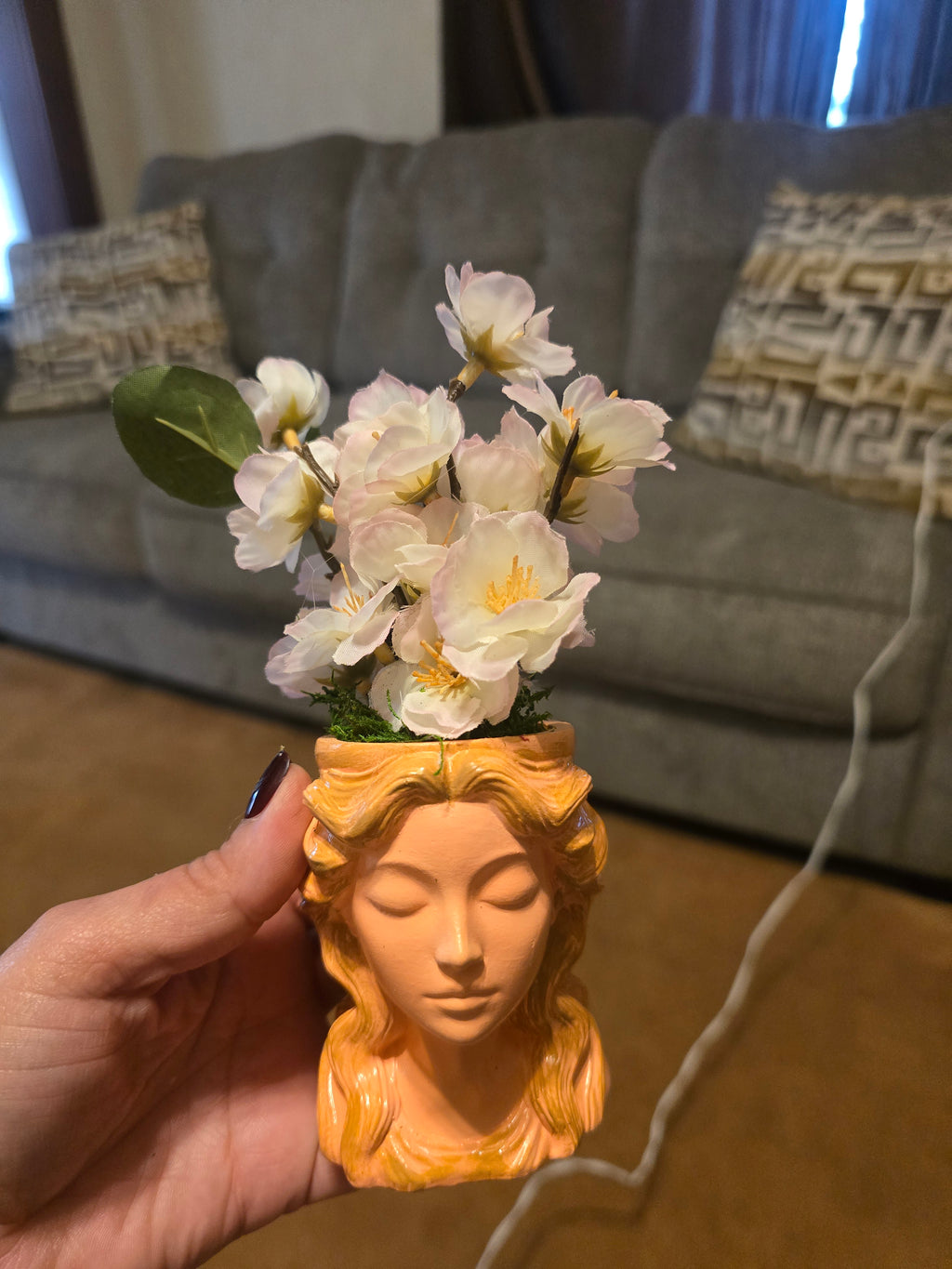 Artificial Flower Arrangement, White Green, Ceramic Peach Face Vase