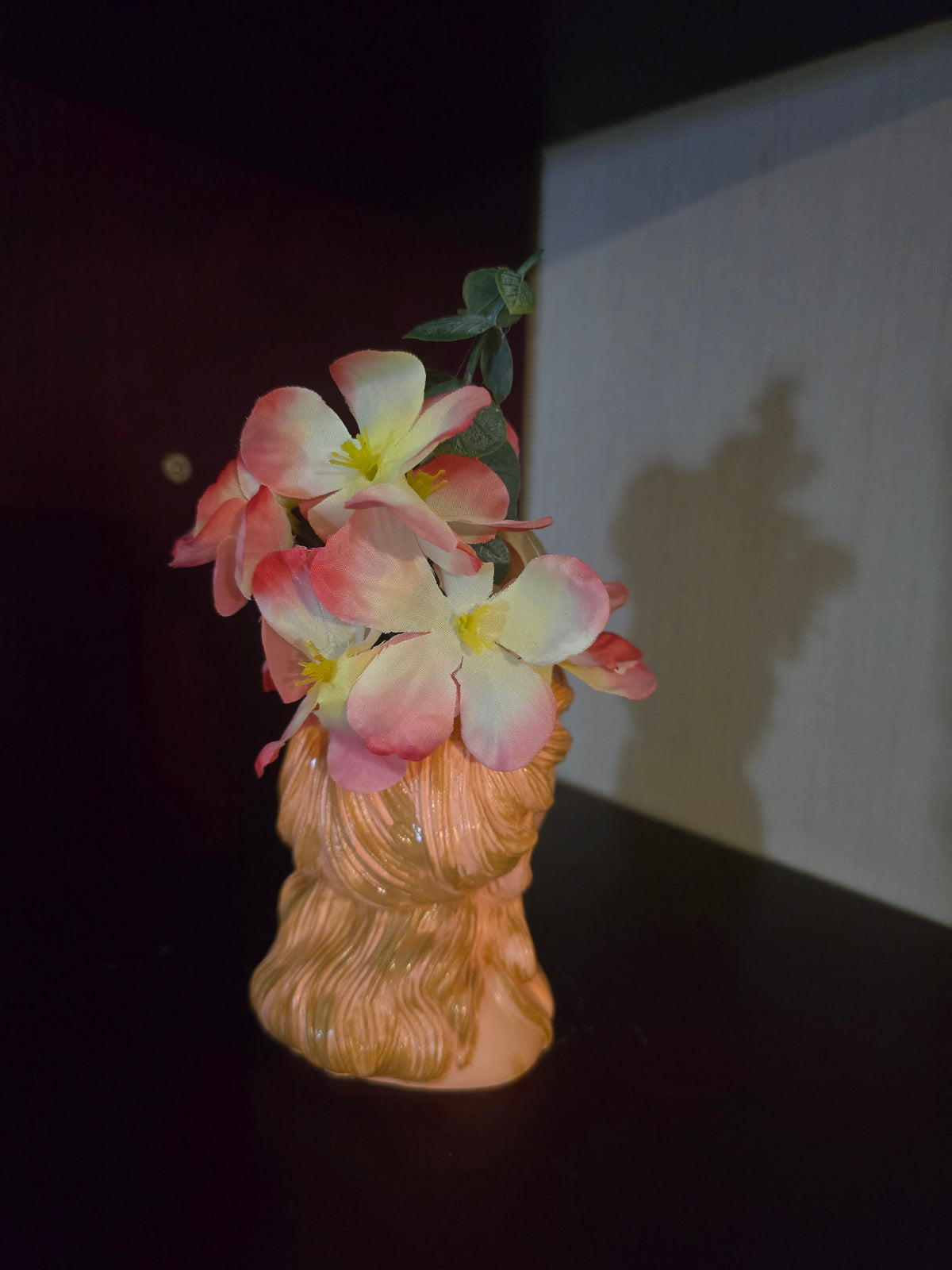 Artificial Flower Arrangement & Centerpiece, Pink White, Ceramic Lady Head Vase