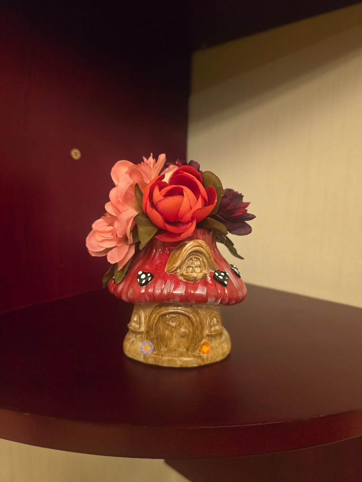 Artificial Rose Arrangement & Centerpiece, plaster Mushroom Planter, 3 in