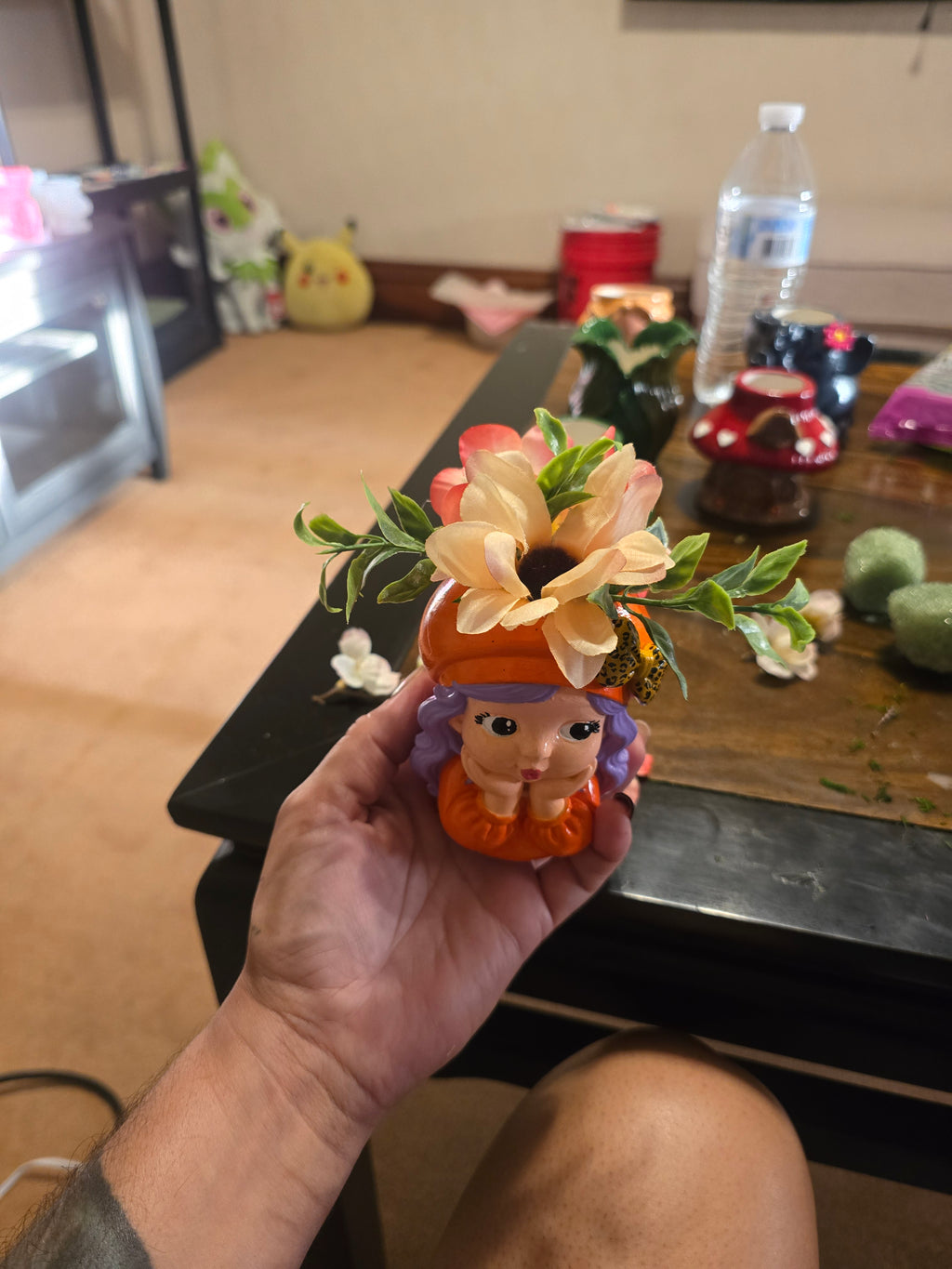 Plaster, Girl Figurine, Floral Hat, Orange Purple Pink Green, Small 3D Effect