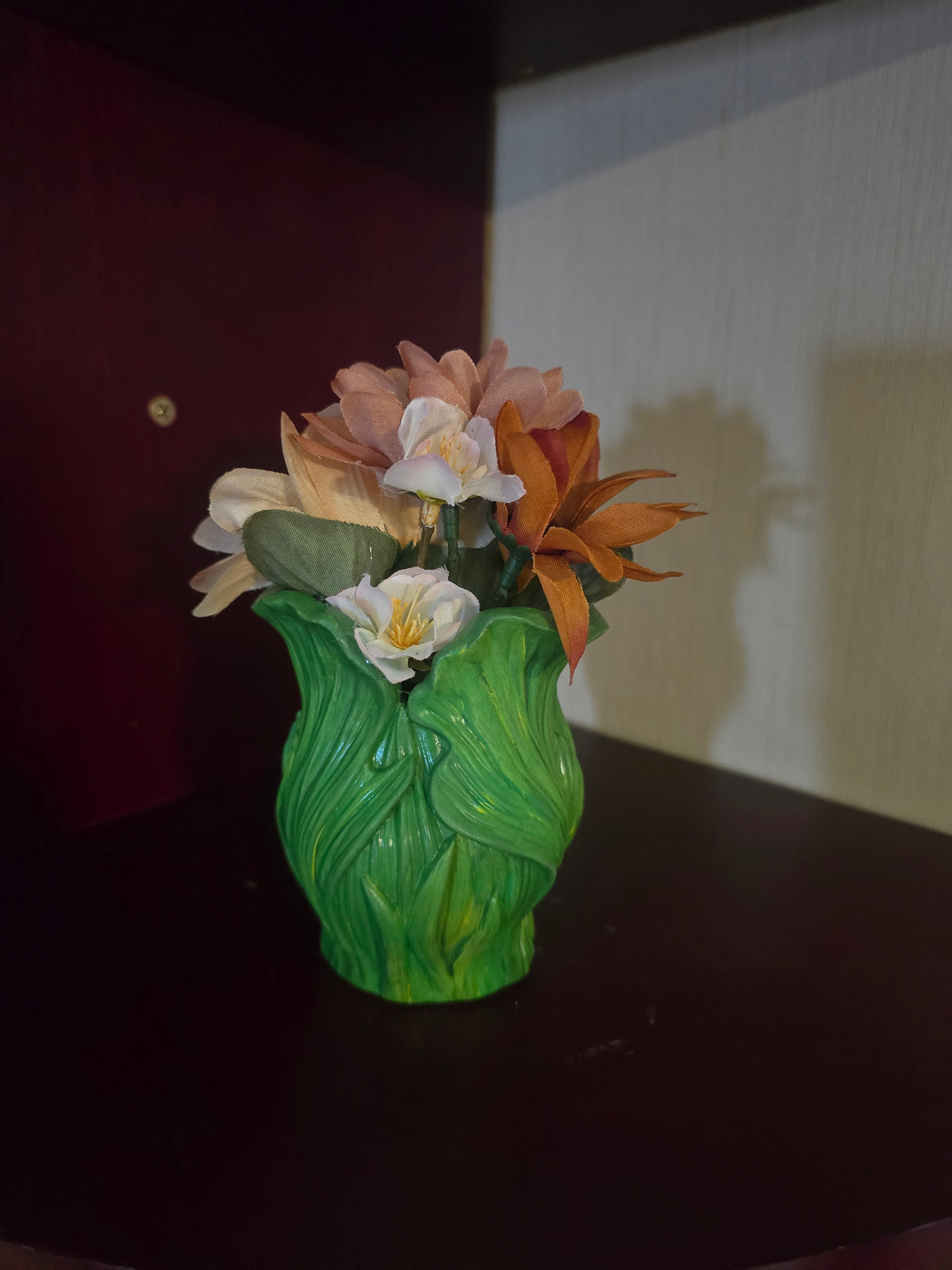 Small Green Ceramic Vase, Floral Flower Pattern, Indoor Decorative Accent