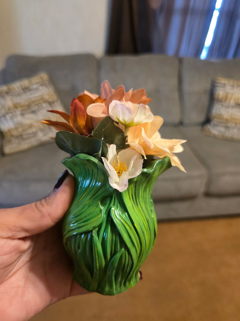 Small Green Ceramic Vase, Floral Flower Pattern, Indoor Decorative Accent