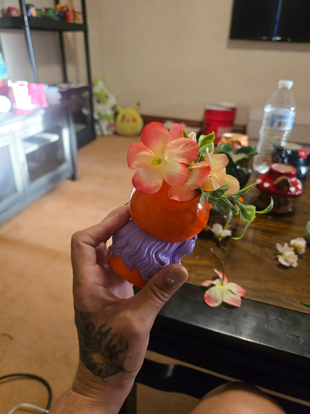 Plaster, Girl Figurine, Floral Hat, Orange Purple Pink Green, Small 3D Effect